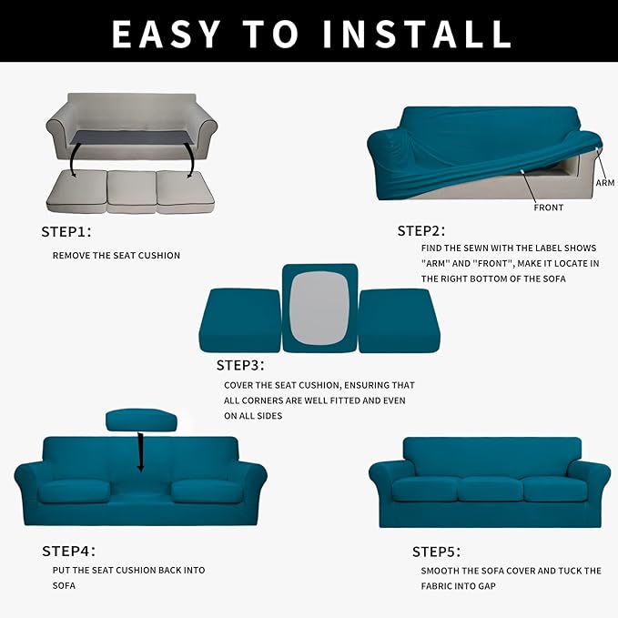 Easy-Going 100% Dual Waterproof Oversized Cover Stretch Soft Couch Cover for Dogs, Sofa Slipcover for 3 Separate Cushion Couch Leakproof Furniture Protector for Kids, Pets Peacock Blue