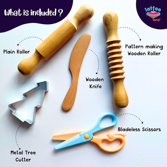 Dough Tools | Set of 5 Sculpting Tool to Roll, Cut, Flatten | Wooden Rollers & Knife | Child-Safe Scissor | Pretend Play Kitchen Tool | Clay Mould Tool for Kids Ages 2-7 | Art & Craft