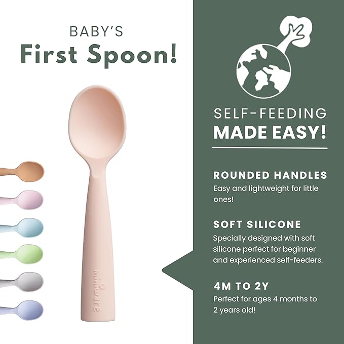 Miniware Silicone Baby Spoon for Training - BPA Free Baby Utensils - Baby Spoons Self Feeding 6 Months | 100% Food Grade Silicone - Modern & Dishwasher Safe Toddler Spoons (Grey and Peach, 2 Pack)