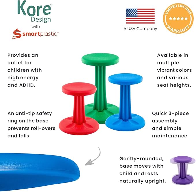KORE Design Wobble Stool Chair, Girls + Boys Kid Desk Stools, Ergonomic Small Office Chairs, Flexible Seating for Active Kids, ADD/ADHD, Classroom, School, Home, Preschool (12in), Age 4-5 yrs, Blue