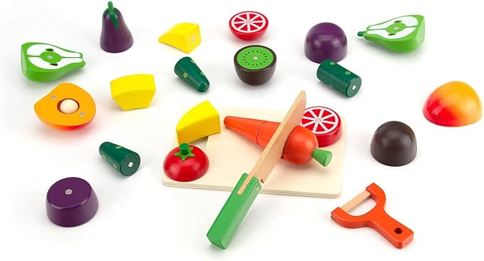 Wooden Play Food Sets for Kids Kitchen Fake Food Cutting Fruit and Vegetables Pretend Play Toddler Toys Food Montessori Toys for 3 4 5 6 7 Years Old Gifts for Boys and Girls