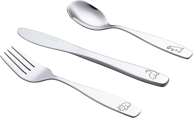 Exzact Kids Flatware 6 Pieces Stainless Steel Children Silverware 2 x Forks, 2 x Knives, 2 x Spoons,Toddler Utensils, Dishwasher Safe, 24 Months+ (Dinosaurs Engraved)