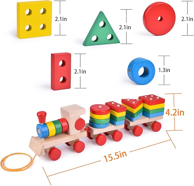FUN LITTLE TOYS Stacking Train, Shape Sorter Wooden Toys(23 pcs), Sorting & Stacking Toys for Toddler 3, Montessori Toys for 3 Year Old Boy Girl Gifts, Kids Wooden Train Toy