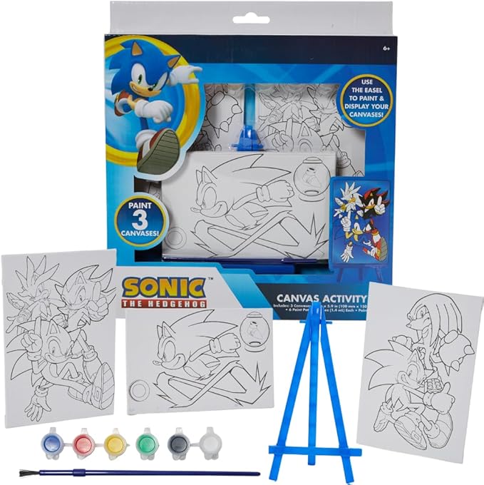 Innovative Designs Sonic The Hedgehog Canvas Paint Set for Kids with 3 Canvases, Acrylic Paint, Paintbrush, & Easel