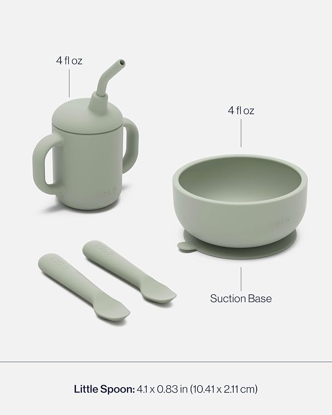 Lalo First Bites Silicone Baby Feeding Set - Baby Led Weaning Supplies - Non-Toxic Silicone - Includes 2 Spoons, Training Cup, & Suction Bowl - 4 Pieces - Sage
