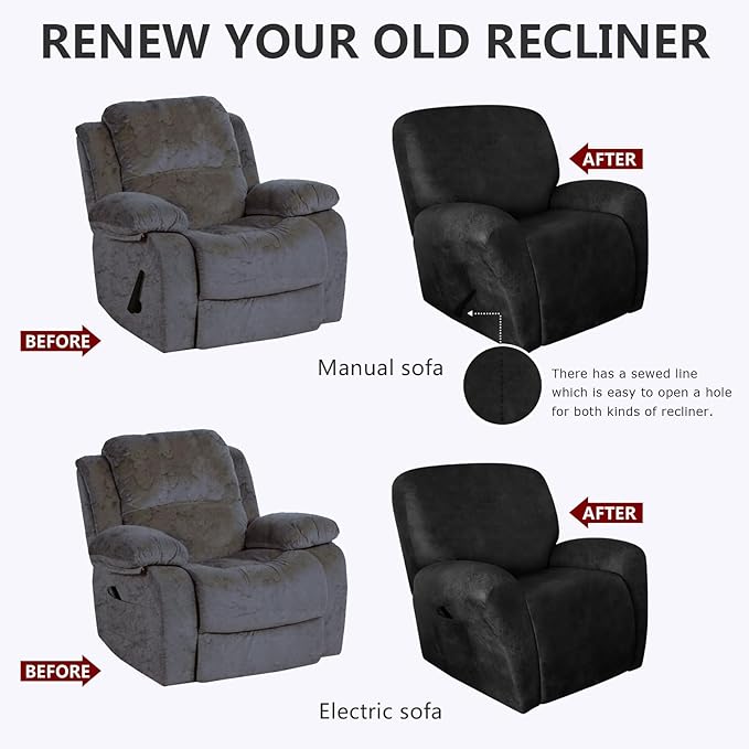 molasofa Recliner Chair Covers - 4 Pieces Leather Like Large Recliner Chair Covers with Pocket Waterproof Non Slip Stretch Recliner Slipcover for Lazy Boy Recliner Chair Washable (Dark Grey)
