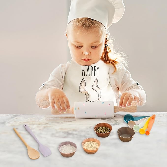 IEATFO Wooden Kids Cooking & Baking Set for Real Cooking, 14 PCS Toddler Montessori Kitchen Tools,Kids Cooking Utensils with Wooden Knife Set,Cutting Board,Apron and Rolling Pin, Food Grade Materials