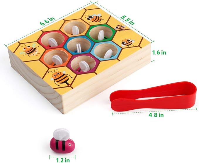 Coogam Toddler Fine Motor Skill Toy, Clamp Bee to Hive Matching Game, Montessori Wooden Color Sorting Puzzle, Early Learning Preschool Educational Gift Toy for 3 4 5 Years Old Kids