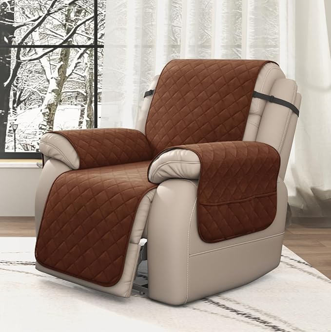 CHUN YI Recliner Chair Cover, Non-Slip Recliner Covers That Stay in Place, Washable Lazy Boy Recliner Covers with Pockets, Water Resistant Recliner Slipcover for Pets (Chocolate, Small Recliner)