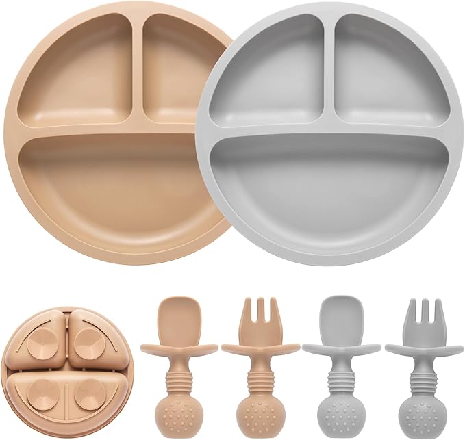 Silicone Baby Feeding Set, 2 Pack Divided Baby Plates with Suction, 2 Pack Spoons and Forks Set, BPA Free, Baby Led Weaning Supplies for Toddler Utensils Baby Feeding Essentials