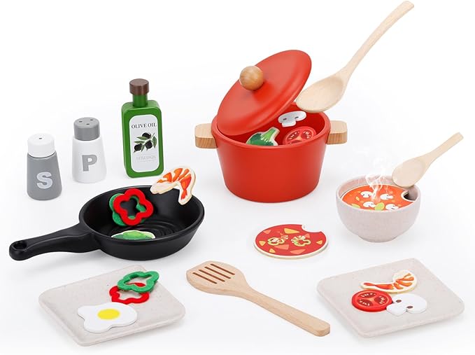 deli Wooden Play Food Set, 25Pcs Kids Play Kitchen Toys Set, Pretend Cooking Playset Acccessories for Kids Ages 3+
