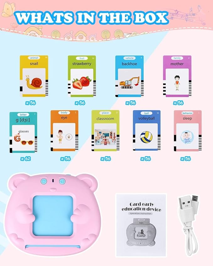RT&BS Talking Flash Cards for Toddlers, Montessori Toys Flash Cards, Speech Therapy Toys, Gift for Kids Children, 510 Sight Words Pink