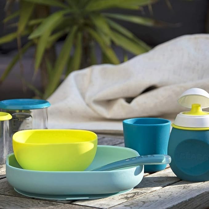 BEABA Silicone 4 Piece Baby Feeding Set, Suction Plates for Baby, Includes Plate, Bowl, Cup, 2nd Stage Silicone Spoon, High Grade Food Safe Silicone, Peacock