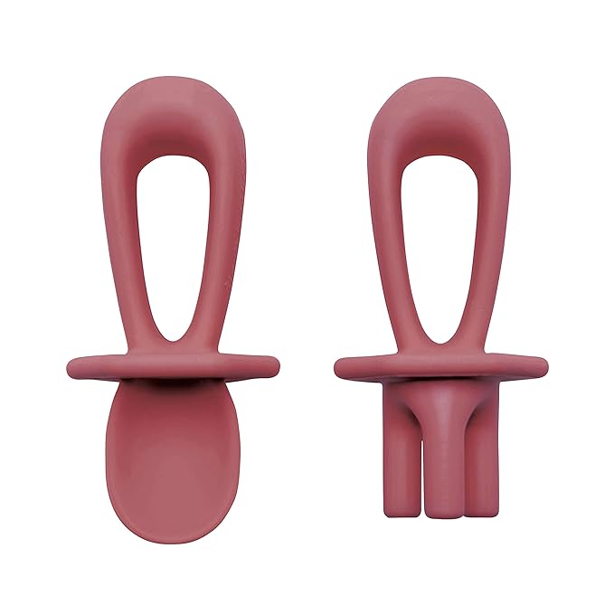 Tiny Twinkle Silicone Training Utensils, Baby Spoons and Baby Forks For Self-Feeding Training, Silicone Baby Led Weaning Utensils For Toddlers And Babies 6-24 Months, Baby Feeding Supplies (Burgundy)