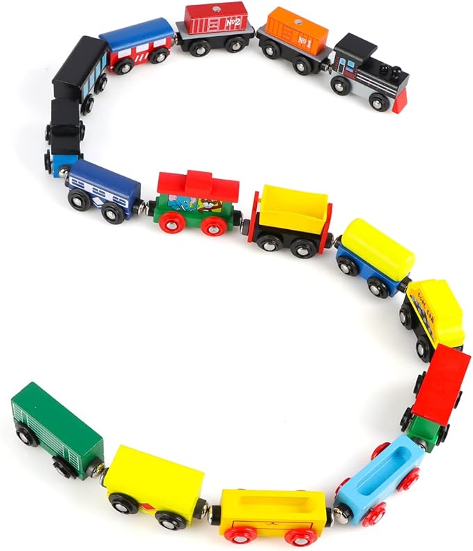 Wondertoys 16 Piece Magnetic Wooden Train Set for Toddlers - Includes Storage Bag and Track Accessories