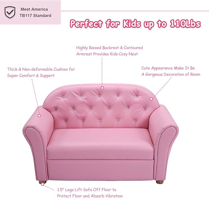 Costzon Kids Couch, 2 in 1 Princess Double Seat Children's Sofa w/PU Leather Surface, Toddler Armrest Chair for Bedroom, Kids Room, Mini Sofa for Kids Loveseat Baby Girls Birthday
