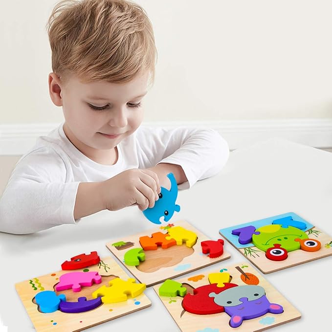 SKYFIELD Wooden Vehicle Toddler Puzzles for 1 2 3 Years Old Boys & Girls, Baby STEM Educational Toy Gift with 4 Vehicles Montessori Learning Puzzles, Bright Vibrant Color Shapes