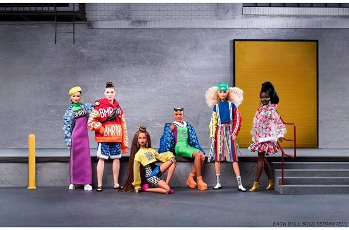 Barbie BMR1959 Fashion Doll with Curly Blonde Hair, in Color Block Sweatshirt with Logo Tape, Fully Poseable, with Accessories and Doll Stand