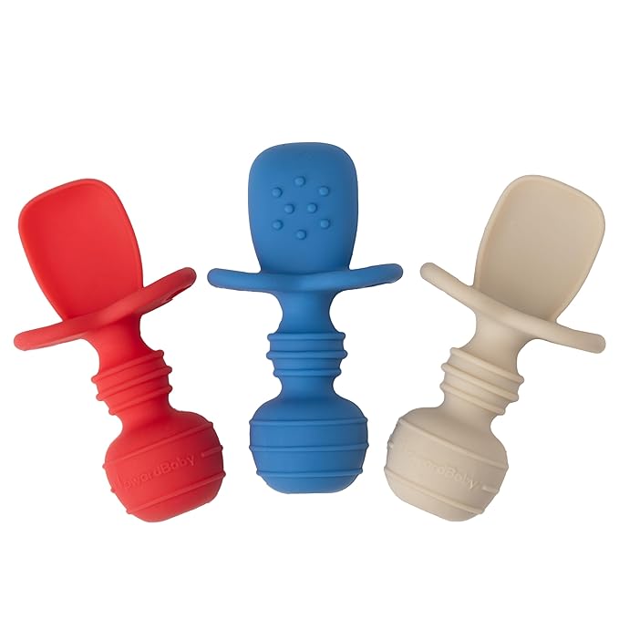 UpwardBaby 3 Pack Silicone Baby Feeding Spoons with Anti Choke Barrier - Baby Spoons Self Feeding 6 Months, First Stage Infant Supplies, Toddler Utensils, Baby Led Weaning Soft-Tip Training Spoons