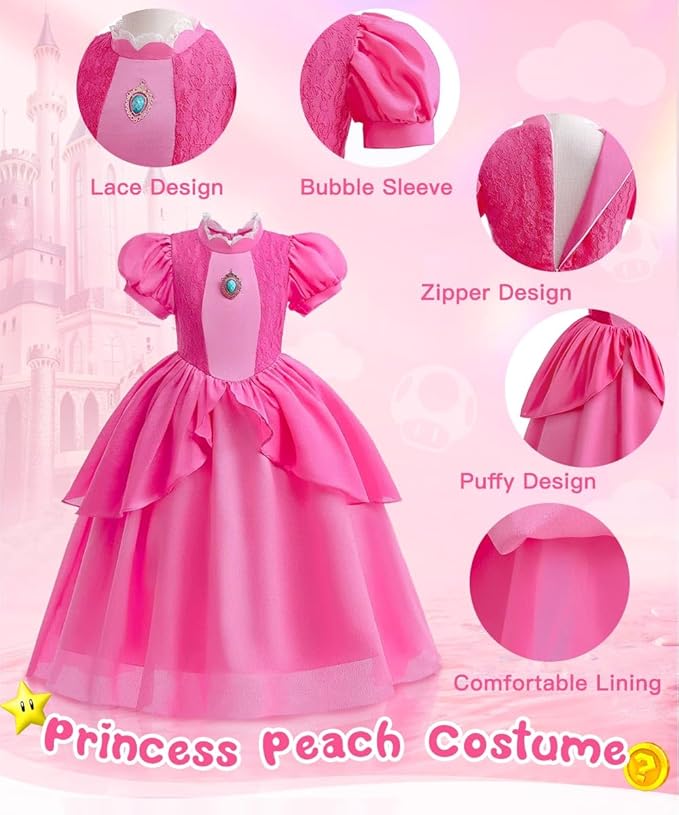 TOLOYE Princess Peach Costume for Girls,Princess Peach Dress with Accessories for Birthday Party Cosplay Halloween Christmas