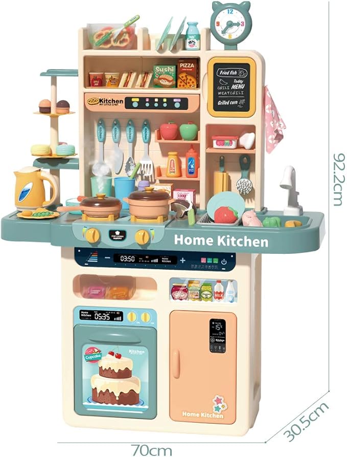 deAO My Happy Little Chef Kitchen 80 Pieces Pretend Play Set with Multi-Functional Button Panel, Light, Sound, Real Steam Functions and Colour Changing Accessories Included(Blue)