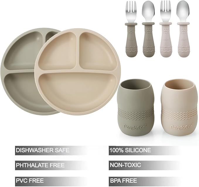 PandaEar Silicone Baby Feeding Set| 2 Pack Silicone Divided Suction Plate and 2 Pack Tiny Cup with 2 Spoons 2 Forks| Baby Led Weaning Supplies Self Feeding Eating Utensils (Silverware Set)