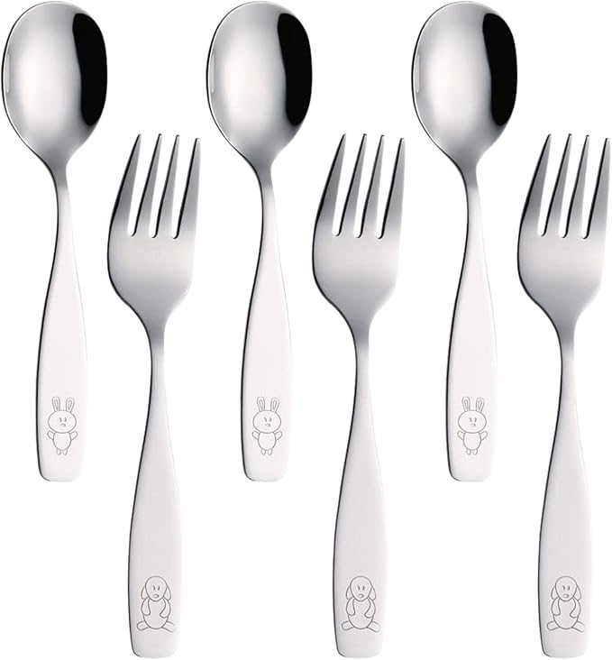 Exzact Children Flatware 6pcs - 3 x Forks, 3 x Spoons - Toddler Utensil Kids Silverware Cutlery Stainless Steel - Dishwasher Safe