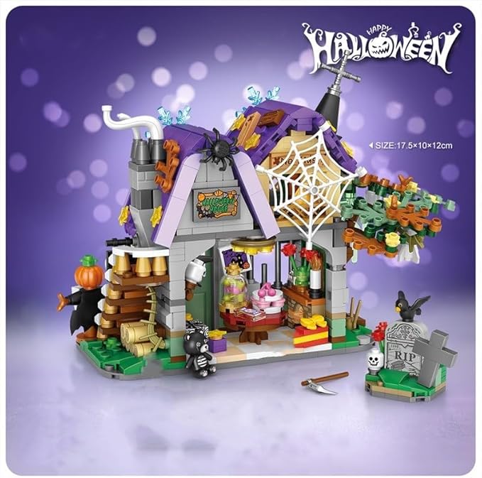 Street View Halloween Haunted House Bricks Model Set, 765Pcs DIY Building Block Assembly Mini Particle Construction Toy