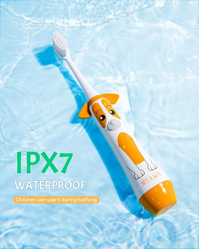 NELL&WELL Kids Electric Toothbrush, 2-Min Timer, 3 Modes with Memory, IPX 7 Waterproof, Battery Powered Kids Toothbrush with 3 Soft Bristles Heads for Children Boys and Girls Ages 3+