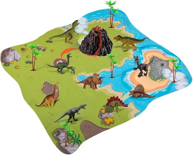 TEMI Dinosaur Toys with Simulation Volcano for Kids 3-5 Years, Toddlers Dinosaur Figures and Large Play Mat for Boys and Girls, Gifts for Preschool Toddlers (Size 63x63 in)