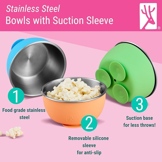 Elk and Friends Stainless Steel Bowls with Silicone Sleeve for Babies & Toddlers | Lids Included | Stay Put Suction | Cereal & Snack Bowls | 4 Pack