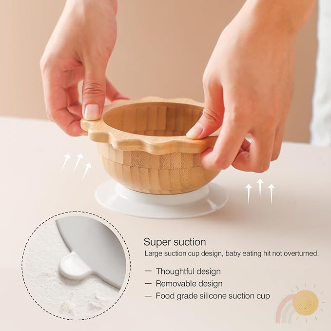 let's make Bamboo Suction Bowl for Baby Kid Toddler Bowl Spoon Fork Set with Removable Silicone Suction All-Natural Baby Feeding Set for Baby-Led Weaning Fits Feeding High Chair Table