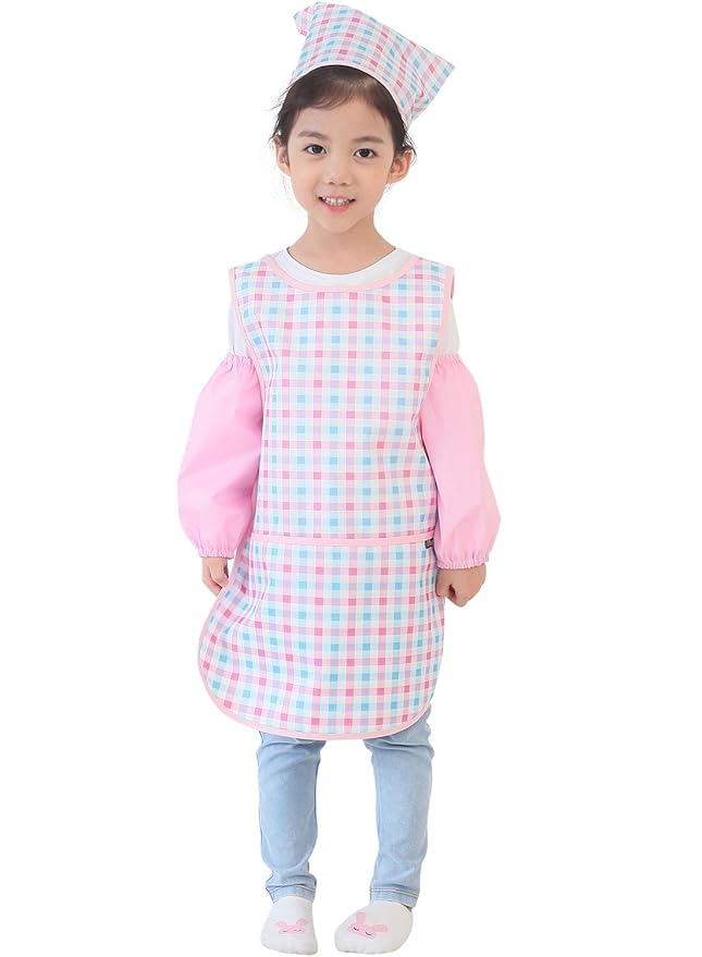 Children Waterproof Artist Painting Aprons or Art Smock 3PCS Set Pink Check (15-L)