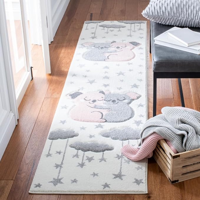 SAFAVIEH Carousel Kids Collection Runner Rug - 2' x 8', Ivory & Pink, Koala Design, Non-Shedding & Easy Care, Ideal for High Traffic Areas for Boys & Girls in Playroom, Nursery, Bedroom (CRK195A)