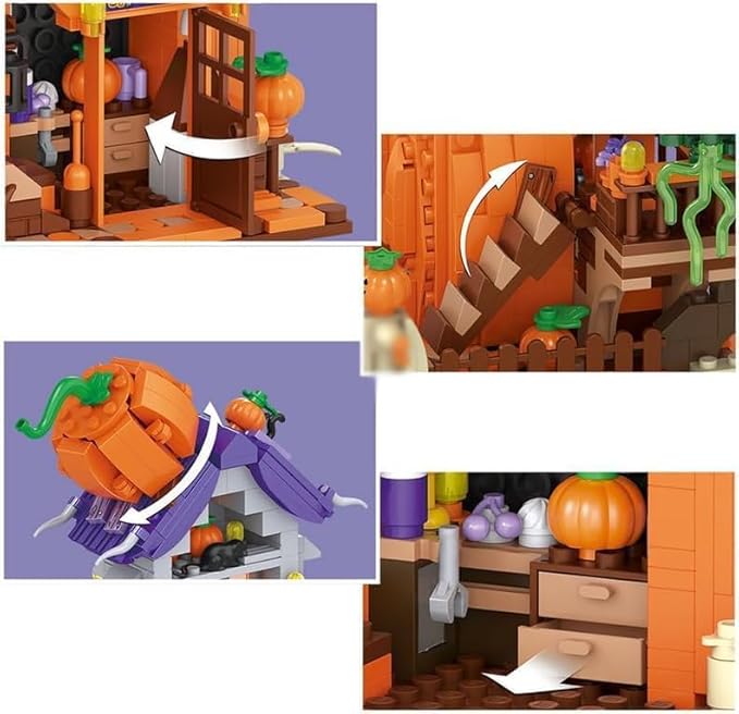 Street View Halloween Pumpkin House Bricks Model Set, 762Pcs DIY Building Block Assembly Mini Particle Construction Toy