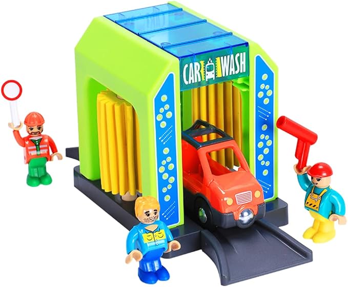 Wooden Train Accessories Car Washer for Railroad Train Track, Train Toys Accessory Compatible with All Major Brands of Train Set System, Railway Tracks Station for Kids Ages 3 and Up.