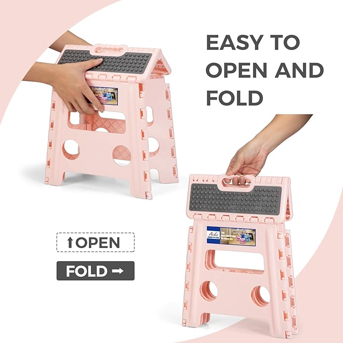 ACKO 10pack Folding Step Stool 13 Inch Stool Heavy Duty Plastic Foldable Step Stools for Kids, Stepping Stool with Handle, Folding Stool Suitable for Kitchen Hold Up to 300 LB (Sakura Pink)