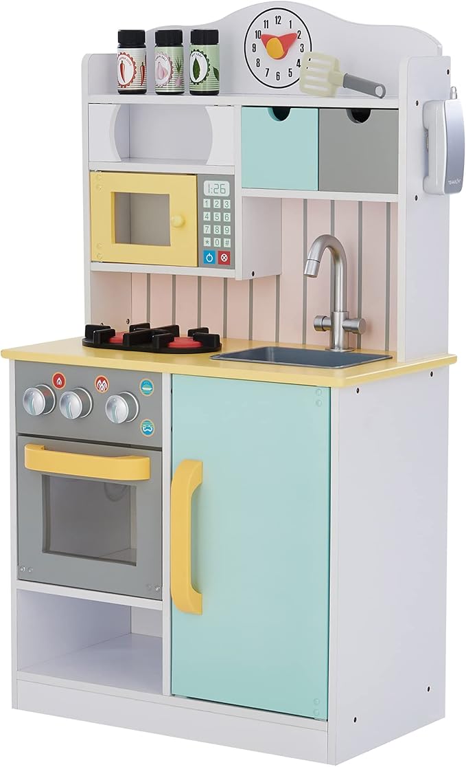 Teamson Kids Little Chef Florence Classic Interactive Wooden Play Kitchen with Accessories and Storage Space for Easy Clean Up, White with Mint Green and Yellow Accents