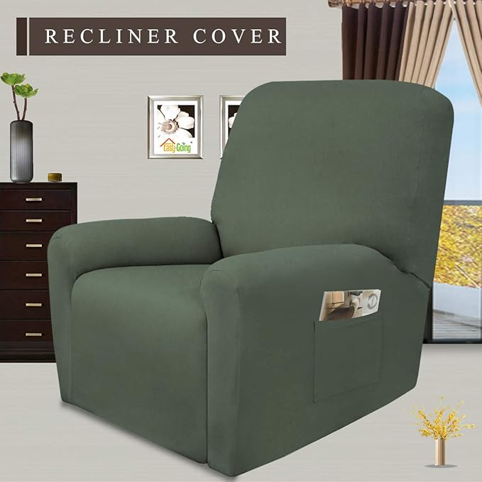 Easy-Going 4 Pieces Microfiber Stretch Recliner Slipcover – Spandex Soft Fitted Sofa Couch Cover, Washable Furniture Protector with Elastic Bottom for Kids,Pet (Greyish Green)