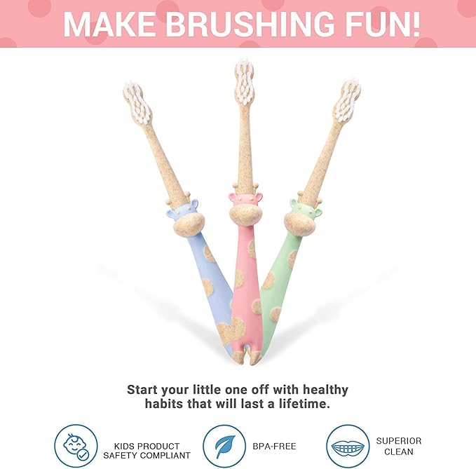 ROARex® All-Natural Eco Friendly Kids Toothbrush Made from Plants - Giraffe 4-36m - Baby to Toddler - Mint/Rose - 4pk | 1% for The Planet Product