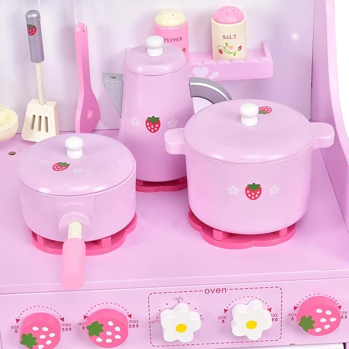 Fireflowery Wooden Play Kitchen, Play Cooking Set w/Sink, Stovetop, Fridge, Microwave, Pretend Kid Kitchen Set for Toddlers, Gift for Ages 3+