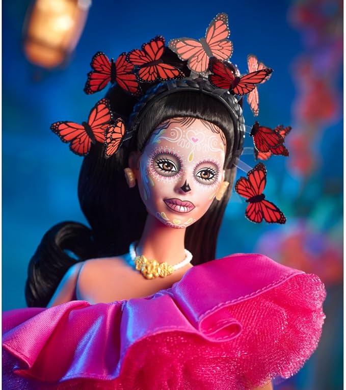 Barbie Signature Fashion Doll, 2023 Dia de Muertos Collectible Wearing Ruffled Pink Gown & Holding Tiny Ofrenda, Includes Doll Stand
