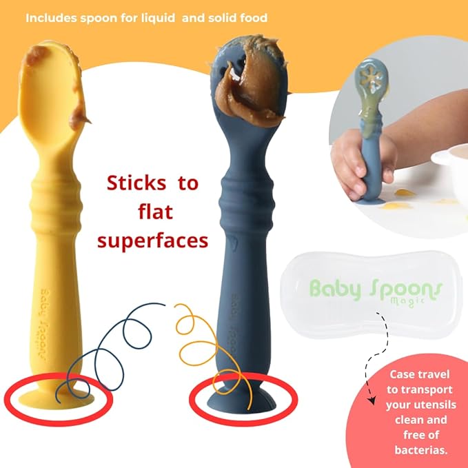 Silicone Baby Feeding set spoons of 2 and case, Baby Utensils for Ages 4 Months +, baby essentials for First Stage, Perfect All Types of Food, Baby Weaning Spoon, baby essentials.