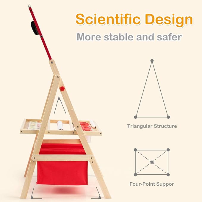 HONEY JOY Easel for Kids, Wooden Double-Sided Standing Toddler Easel w/Magnetic Chalkboard & White Board, Paper Roll, Painting Accessories, Magnetic Alphabet, Art Easel for Boys and Girls, Red