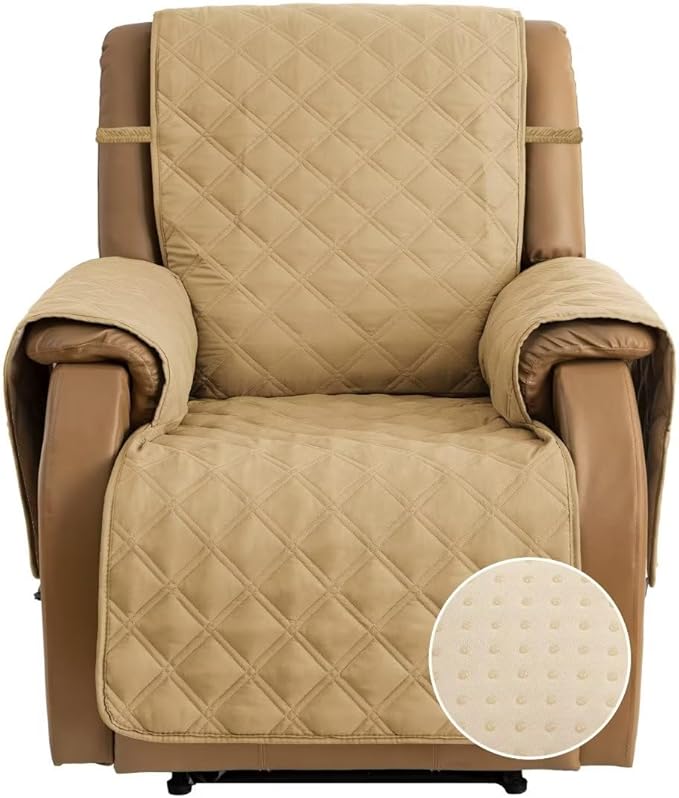 TOMORO Non-Slip Quilted Recliner Cover, 100% Waterproof Recliner Chair Slipcover Furniture Protector with Pockets, Washable Couch Cover with Elastic Straps for Kids and Pets，23 Inch