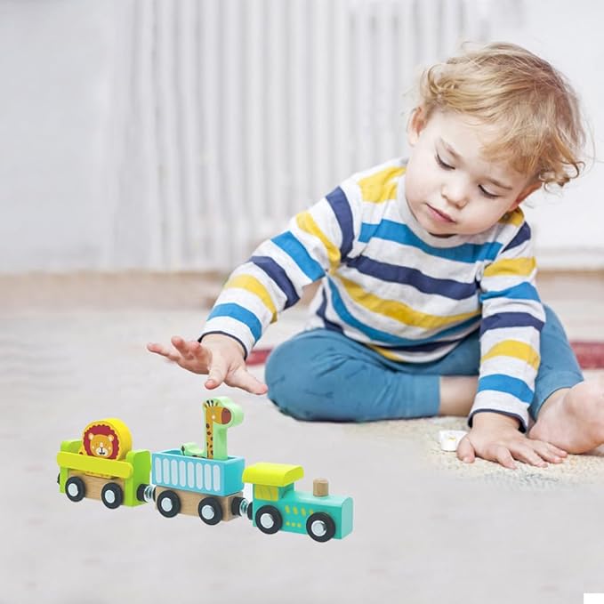 Wooden Trains Cars with Crane Magnetic Train Toys for Wooden Train Tracks Train Sets for Toddlers and Kids Ages 3+ (Zoo Train)