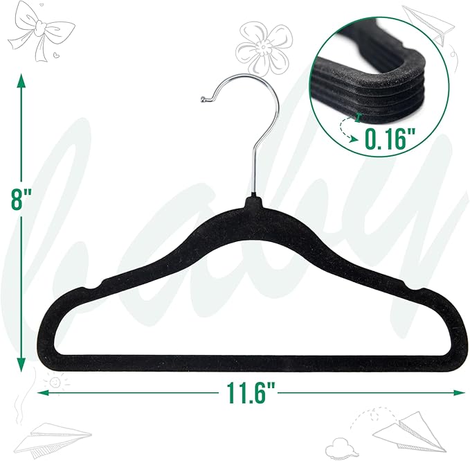 60 Pack Baby Clothes Hangers, 11.6 Inch Non-Slip Velvet Toddler Hangers, Felt Coat Hangers for Kids and Infant Closet Space Saving (Black)