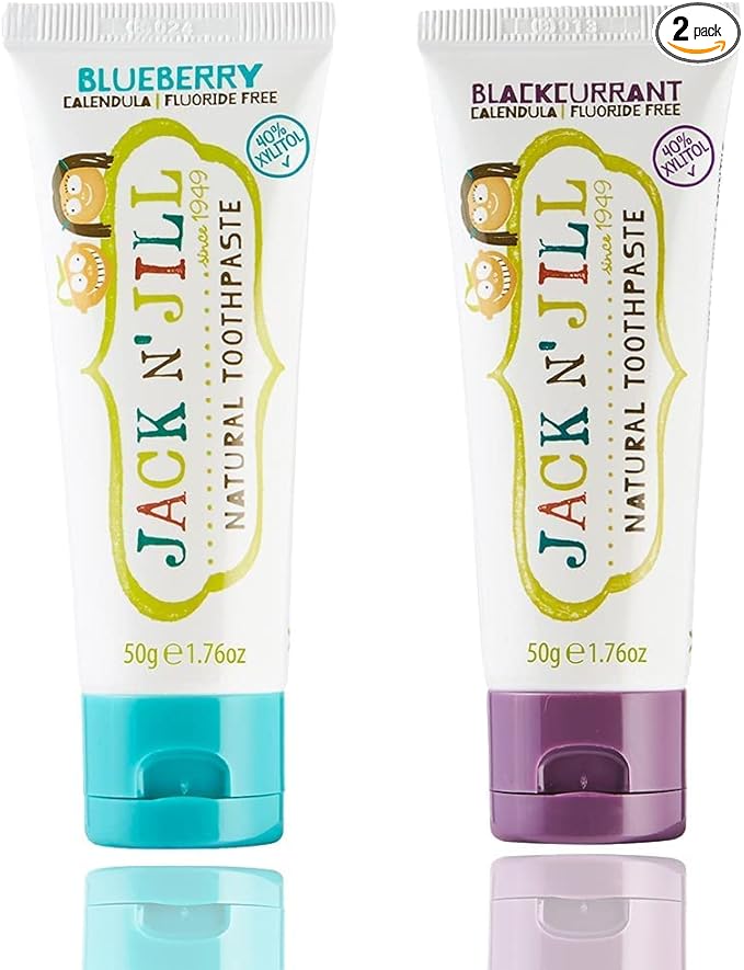 Jack N' Jill Natural Toddler Toothpaste for Baby, Kids and Infants 6 Months & Up, Fluoride Free Training Toothpaste for Toddlers 1-3 (1.76 Fl Oz (Pack of 2), Blueberry & Blackcurrant)
