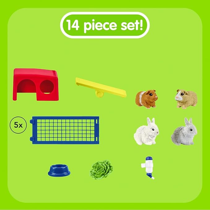 Schleich Farm World, Animal Toys for Kids, Rabbit and Guinea Pig Toy Set with Hutch 14-Piece Set, Ages 3+
