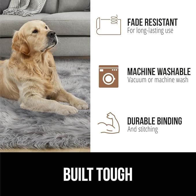 Gorilla Grip Fluffy Faux Fur Rug, Machine Washable Soft Furry Area Rugs, Rubber Backing, Plush Floor Carpets for Baby Nursery, Bedroom, Living Room Shag Carpet, Luxury Home Decor, 3x5, Gray